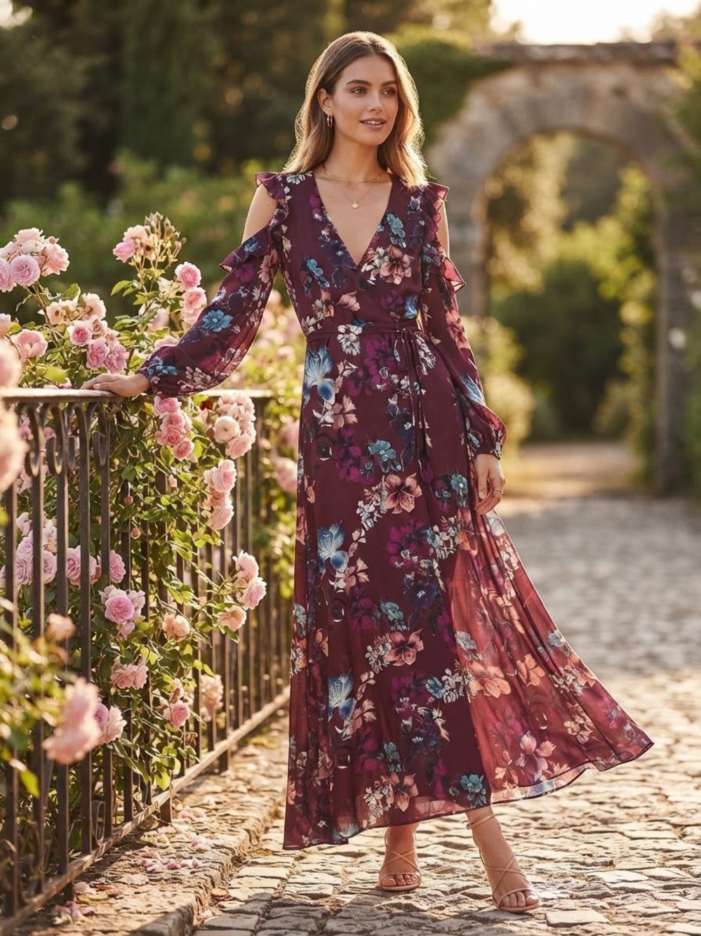 NICHOLAS Burgundy Floral 100% Silk Long Sleeve Cold Shoulder Maxi Dress size XS